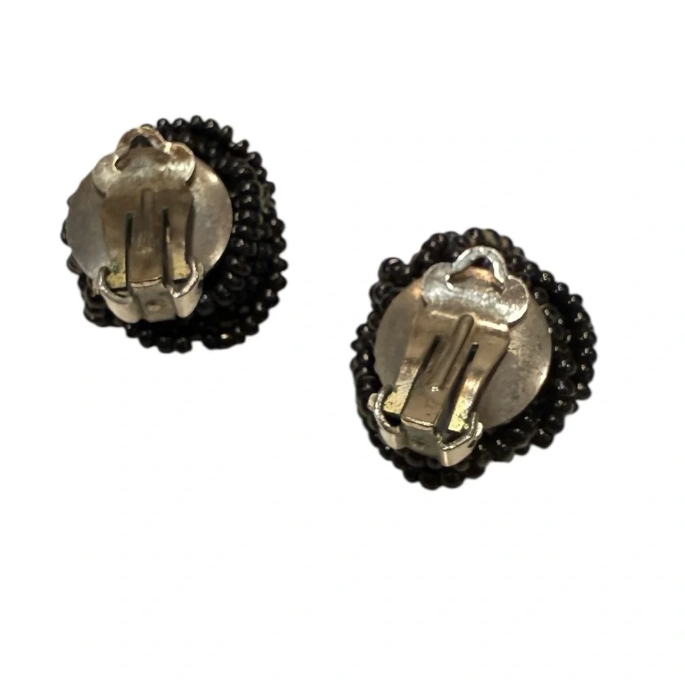 Black Beaded Retro Clip on Earrings Vintage Mid Century Modern
